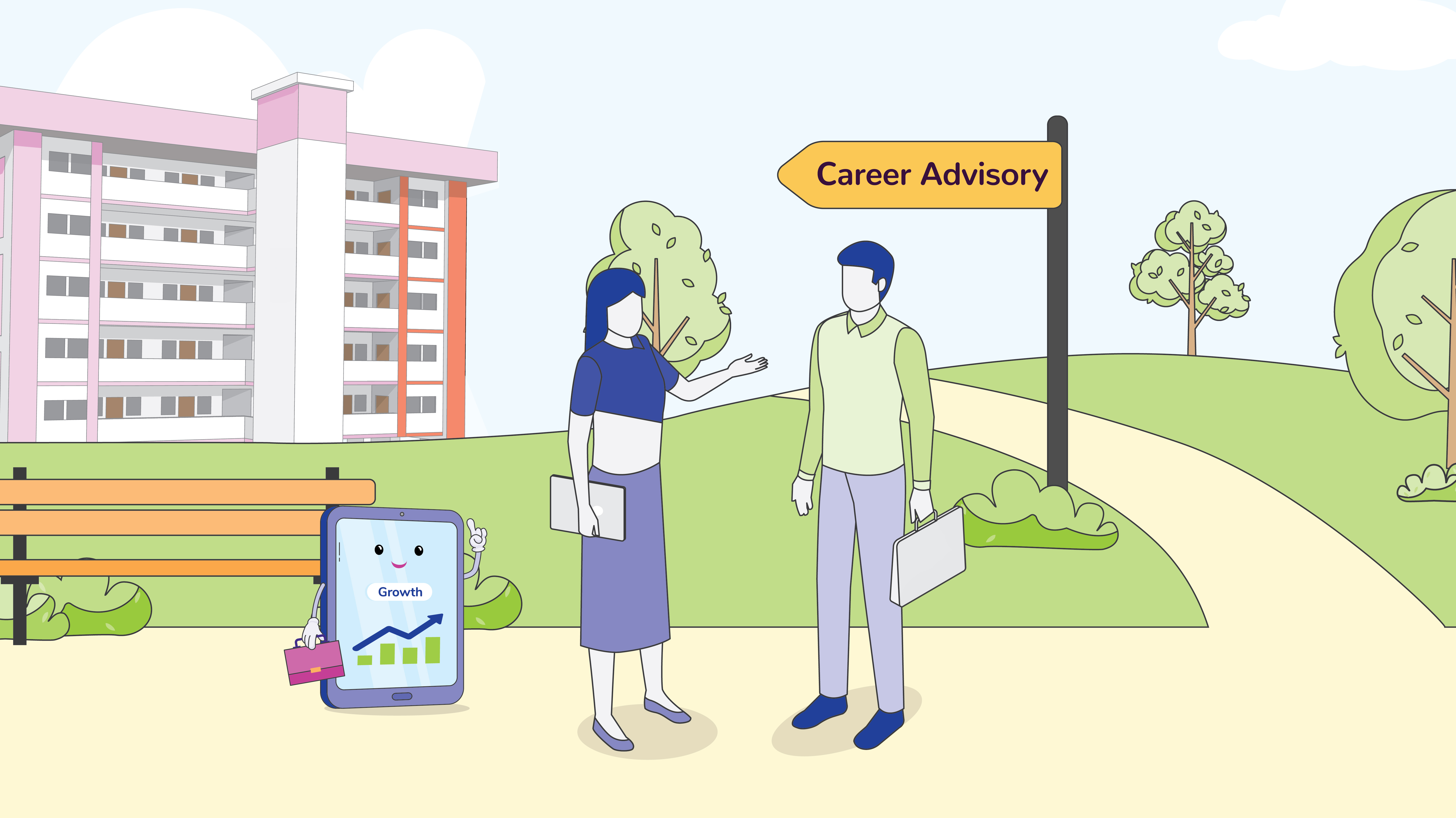 Illustration of a Careers Connect On-The-Go Career Officer providing personalised career advice to an individual.