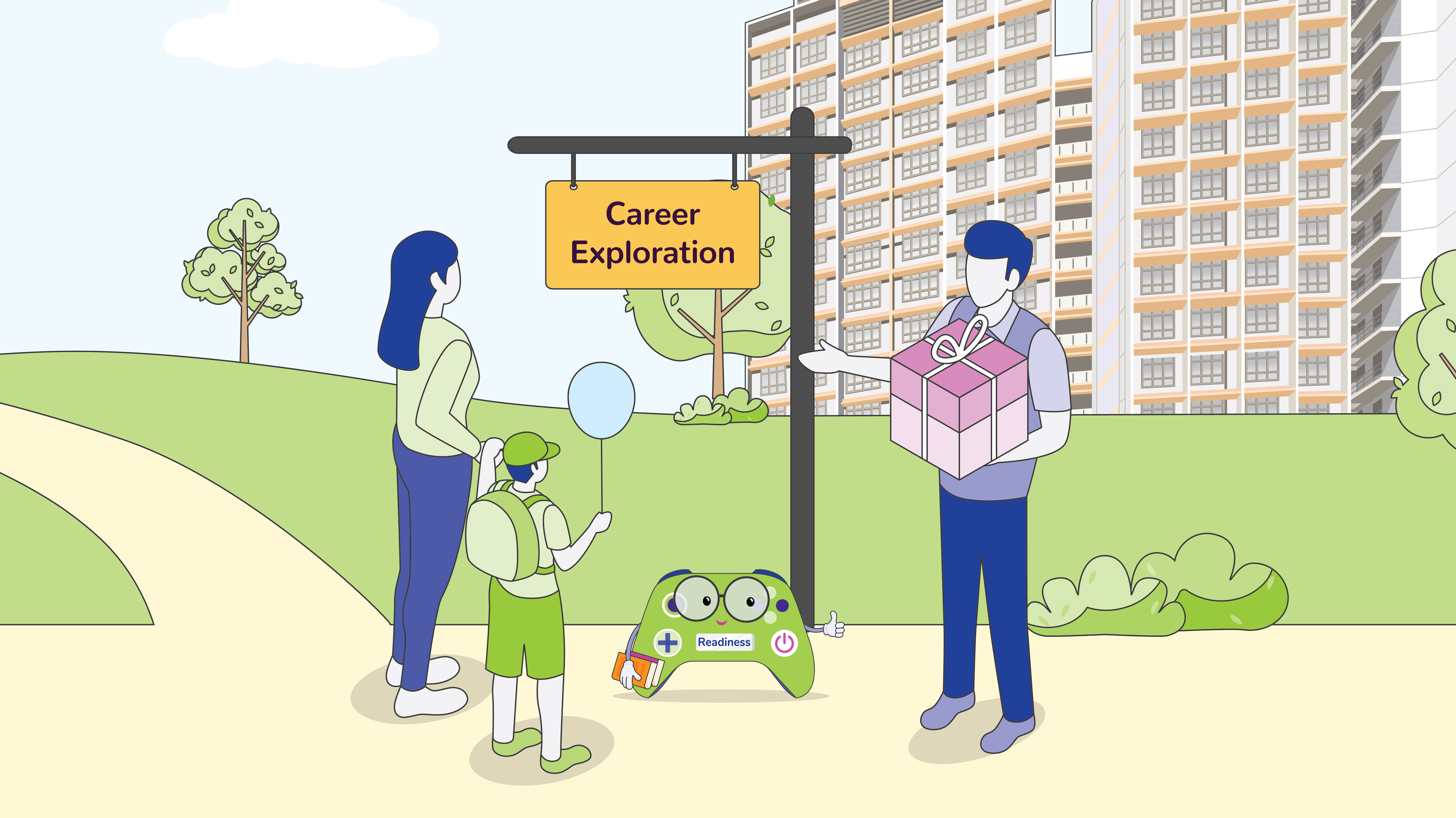 Illustration showing a event crew welcoming an individual for career exploration.